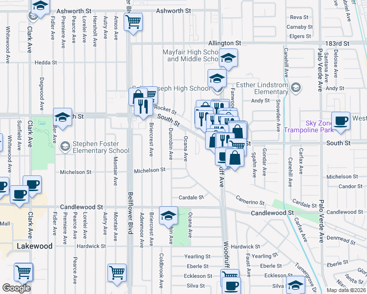 map of restaurants, bars, coffee shops, grocery stores, and more near 5729 Wolfe Street in Lakewood
