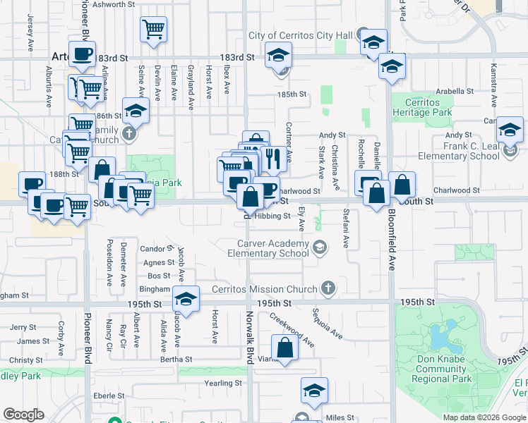 map of restaurants, bars, coffee shops, grocery stores, and more near 12238 South Street in Artesia