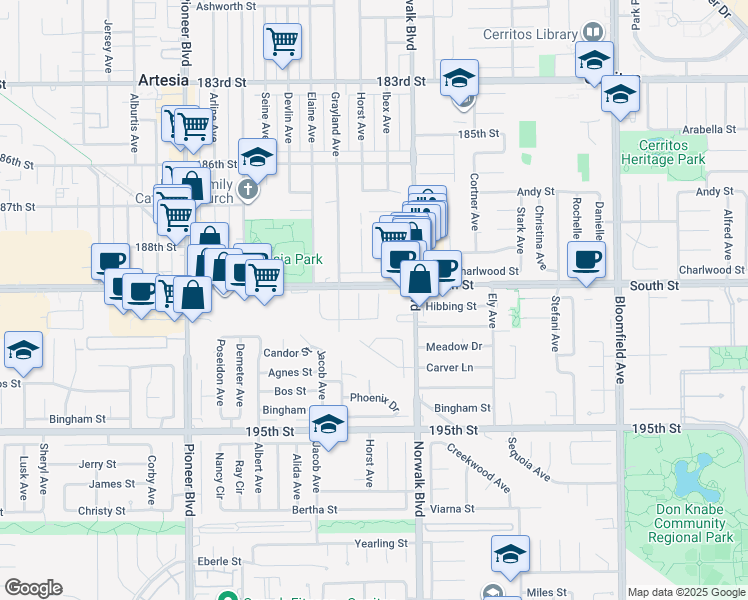 map of restaurants, bars, coffee shops, grocery stores, and more near 19013 Ibex Ave in Artesia