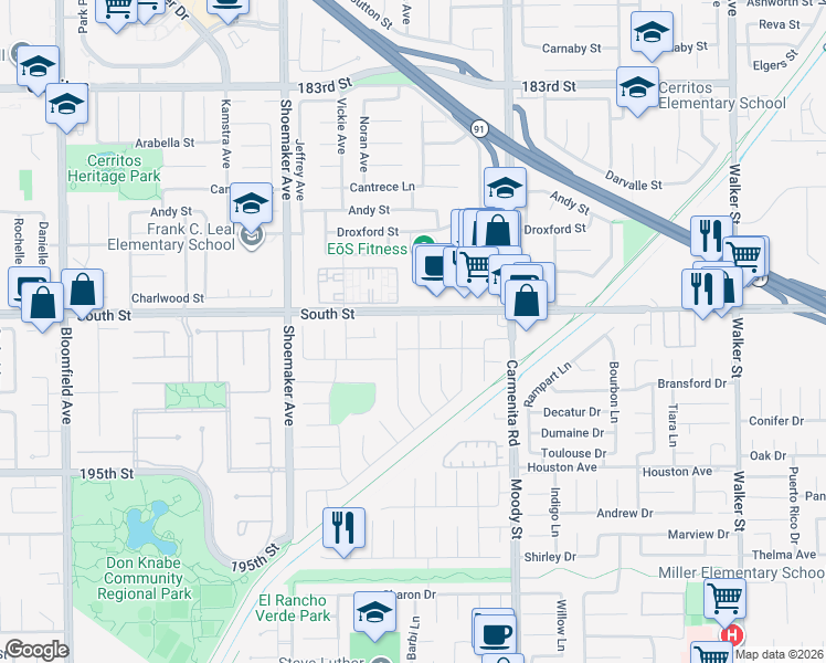 map of restaurants, bars, coffee shops, grocery stores, and more near 19019 Pires Avenue in Cerritos