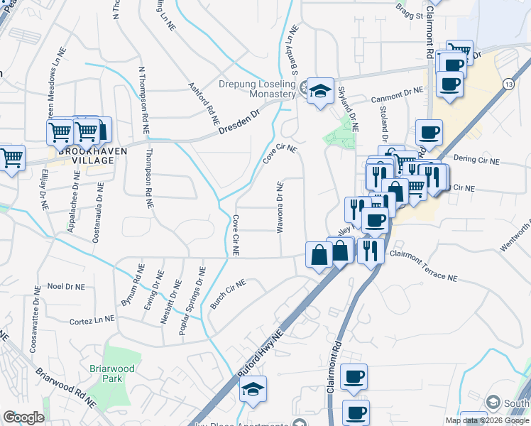 map of restaurants, bars, coffee shops, grocery stores, and more near 1697 Cotswold Drive Northeast in Atlanta