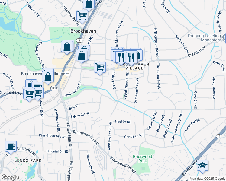 map of restaurants, bars, coffee shops, grocery stores, and more near 2472 Ellijay Drive Northeast in Atlanta