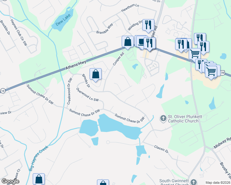 map of restaurants, bars, coffee shops, grocery stores, and more near 2987 Brooks Drive in Snellville