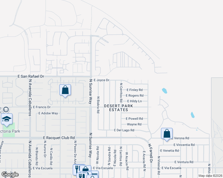 map of restaurants, bars, coffee shops, grocery stores, and more near 3012 North Cypress Road in Palm Springs