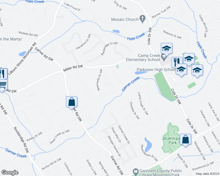 map of restaurants, bars, coffee shops, grocery stores, and more near 887 Guinevere Way Southwest in Lilburn
