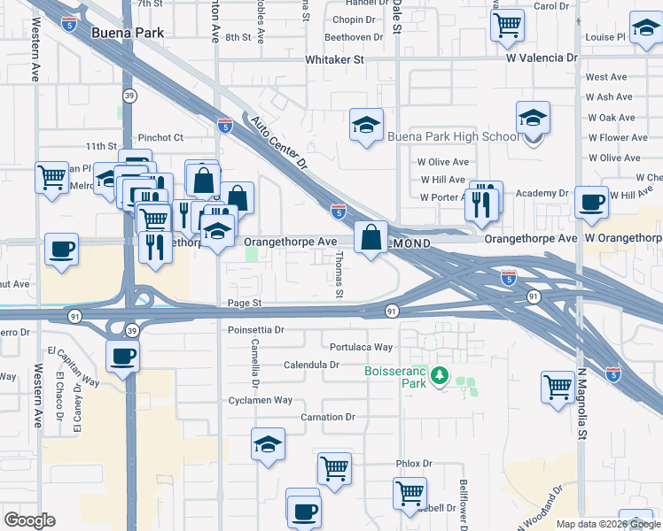 map of restaurants, bars, coffee shops, grocery stores, and more near 7040 Sol Street in Buena Park