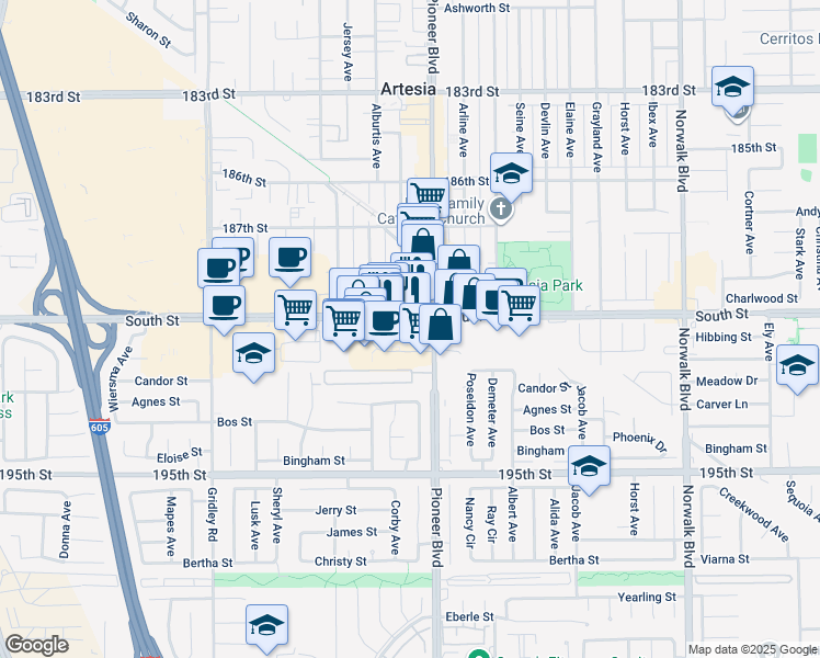 map of restaurants, bars, coffee shops, grocery stores, and more near 11746 South Street in Artesia