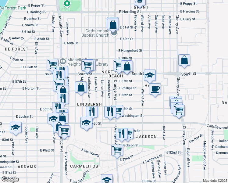 map of restaurants, bars, coffee shops, grocery stores, and more near 4 East 56th Street in Long Beach