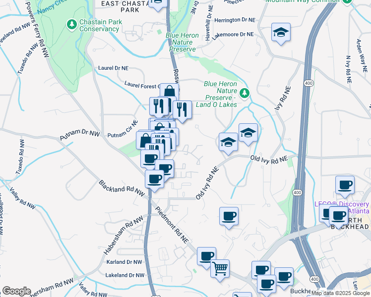 map of restaurants, bars, coffee shops, grocery stores, and more near 12 Ivy Gates Northeast in Atlanta