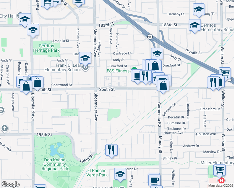 map of restaurants, bars, coffee shops, grocery stores, and more near 13117 Dussen Lane in Cerritos