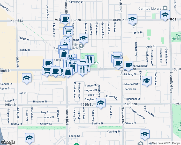 map of restaurants, bars, coffee shops, grocery stores, and more near 11900 South Street in Cerritos