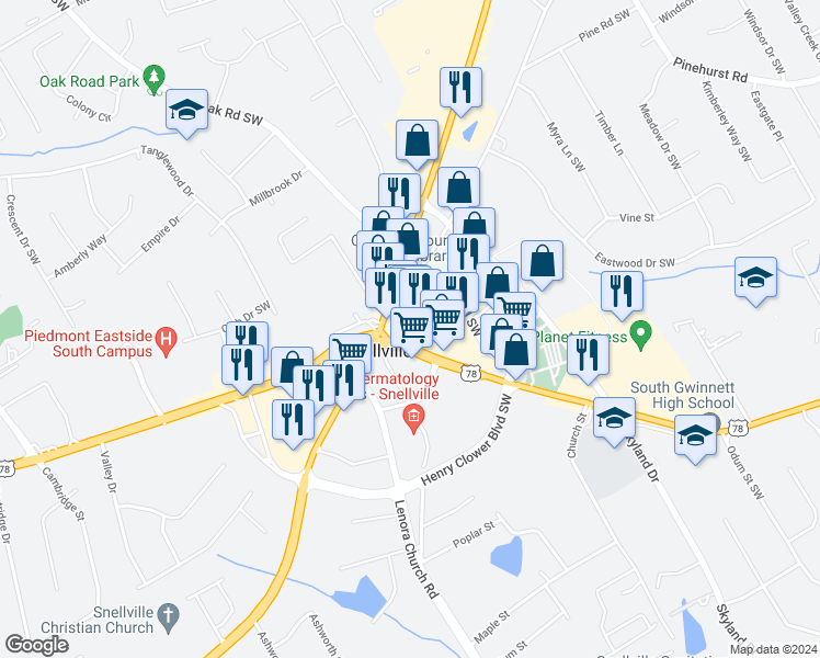 map of restaurants, bars, coffee shops, grocery stores, and more near 1904 Snellville Plaza in Snellville