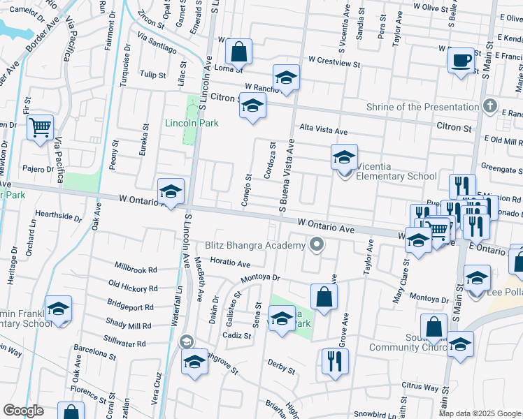 map of restaurants, bars, coffee shops, grocery stores, and more near 961 West Ontario Avenue in Corona