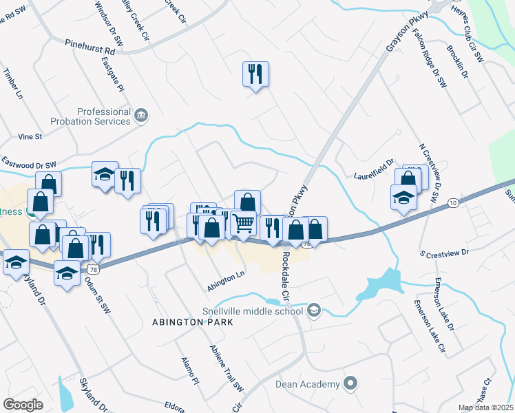 map of restaurants, bars, coffee shops, grocery stores, and more near 2579 Hard Twist Drive in Grayson