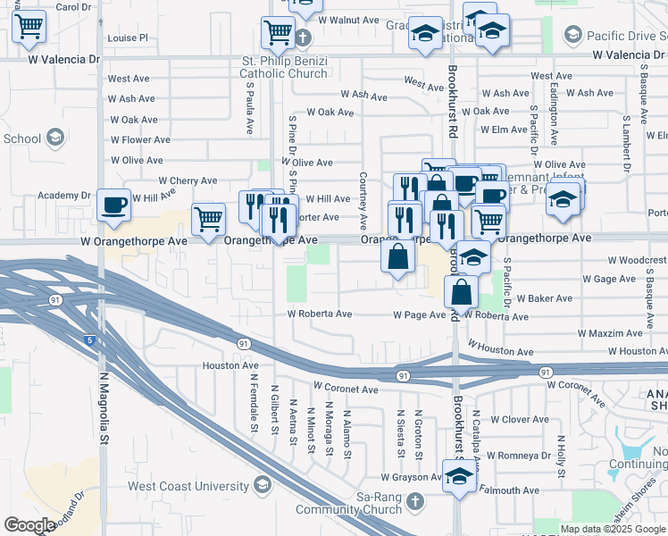 map of restaurants, bars, coffee shops, grocery stores, and more near 2101 Gage Avenue in Fullerton