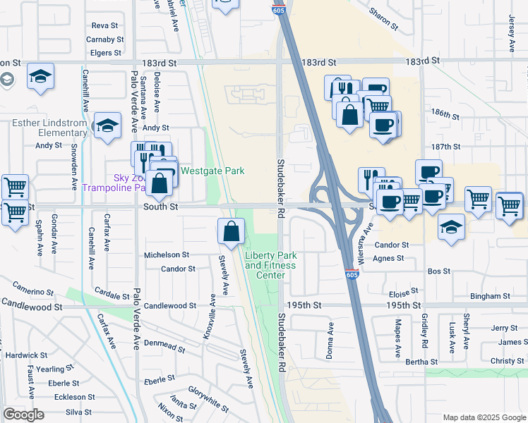 map of restaurants, bars, coffee shops, grocery stores, and more near 19023 Studebaker Road in Cerritos