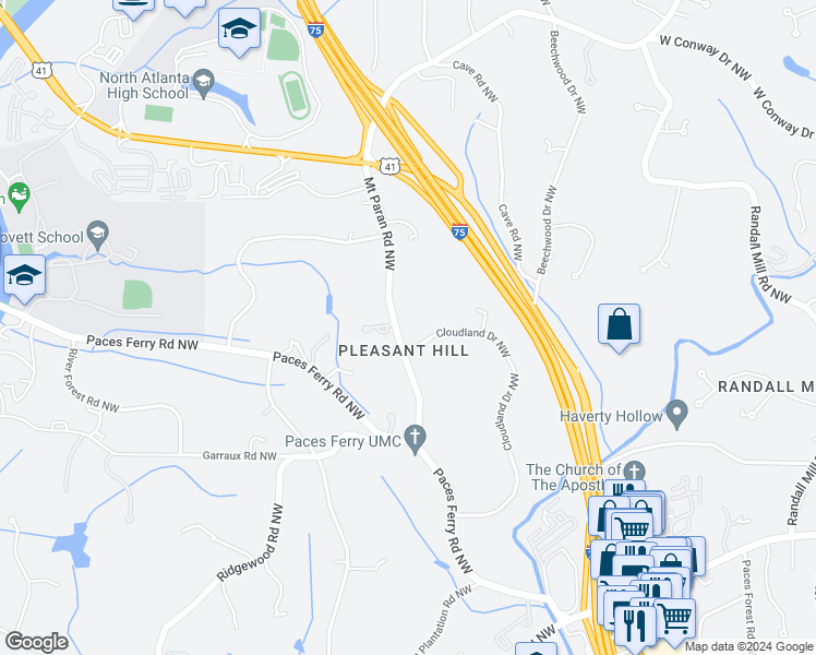 map of restaurants, bars, coffee shops, grocery stores, and more near 2232 Mount Paran Road Northwest in Atlanta