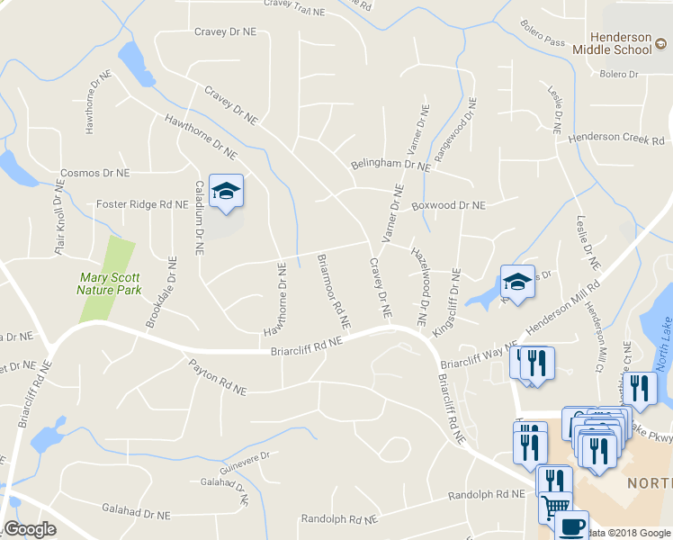 map of restaurants, bars, coffee shops, grocery stores, and more near 2463 Briarmoor Road Northeast in Atlanta