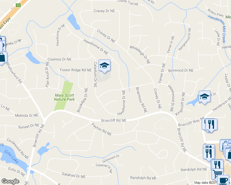 map of restaurants, bars, coffee shops, grocery stores, and more near 2867 Sylvan Ramble Road Northeast in Atlanta