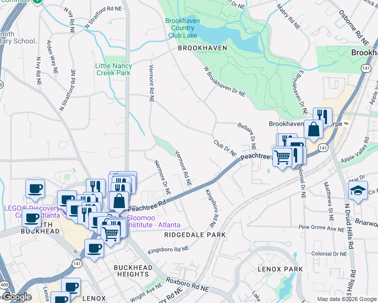 map of restaurants, bars, coffee shops, grocery stores, and more near 3767 Vermont Road Northeast in Atlanta