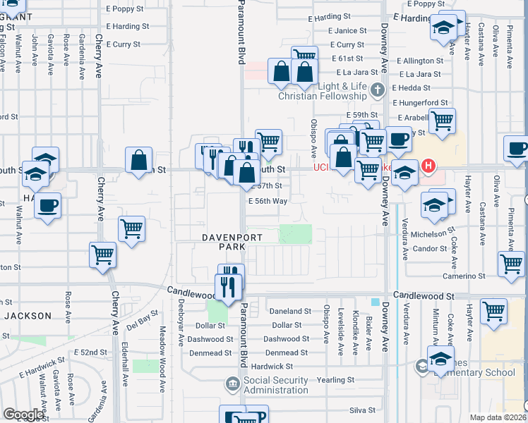 map of restaurants, bars, coffee shops, grocery stores, and more near 2801 East 56th Street in Long Beach