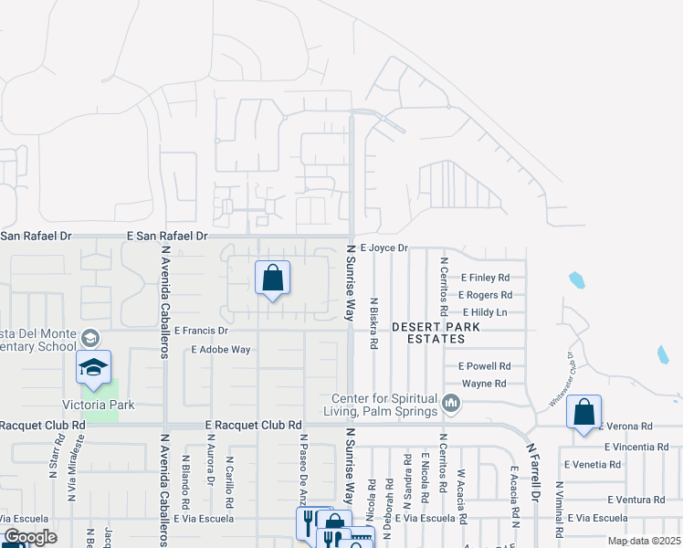 map of restaurants, bars, coffee shops, grocery stores, and more near 3060 Sunflower Circle in Palm Springs