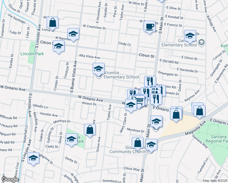 map of restaurants, bars, coffee shops, grocery stores, and more near 2133 Taylor Avenue in Corona