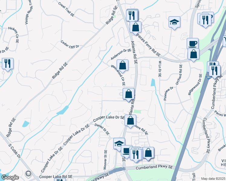 map of restaurants, bars, coffee shops, grocery stores, and more near 2036 Westwood Road Southeast in Smyrna