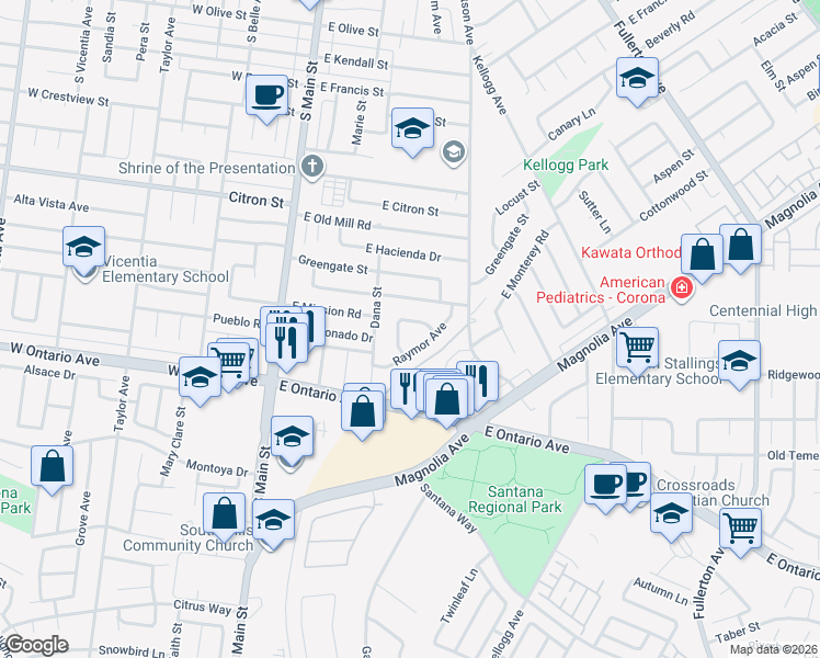 map of restaurants, bars, coffee shops, grocery stores, and more near 414 East Mission Place in Corona