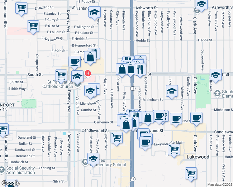 map of restaurants, bars, coffee shops, grocery stores, and more near 5623 Oliva Avenue in Lakewood