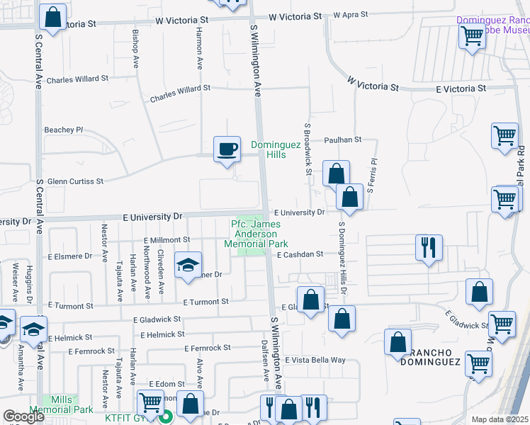 map of restaurants, bars, coffee shops, grocery stores, and more near South Wilmington Avenue & East University Drive in Carson