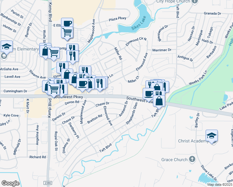 map of restaurants, bars, coffee shops, grocery stores, and more near 2612 Southwest Parkway in Wichita Falls