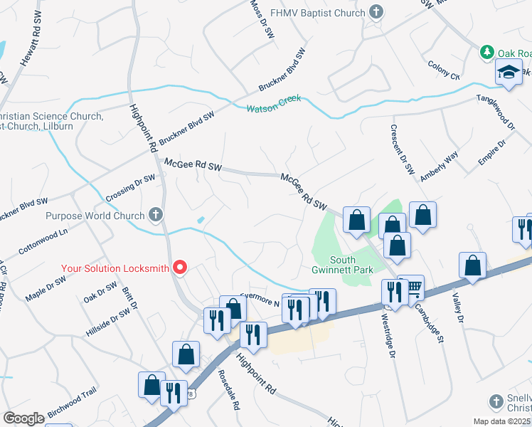 map of restaurants, bars, coffee shops, grocery stores, and more near 1916 Oakwood Grove Dr in Snellville