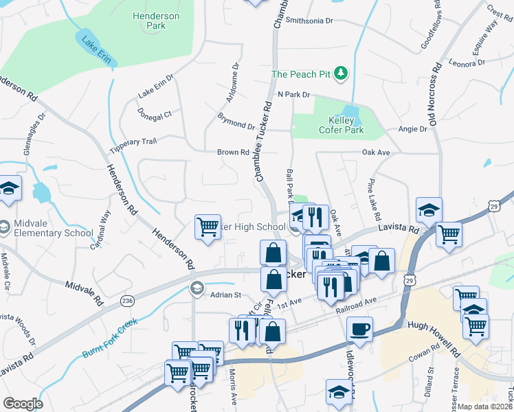 map of restaurants, bars, coffee shops, grocery stores, and more near 2486 Summeroak Drive in Tucker