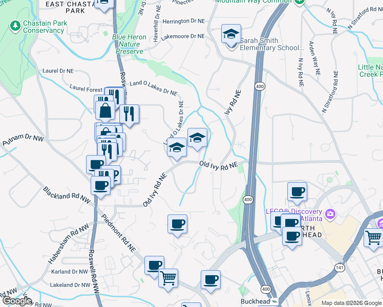 map of restaurants, bars, coffee shops, grocery stores, and more near 360 Old Ivy Road Northeast in Atlanta