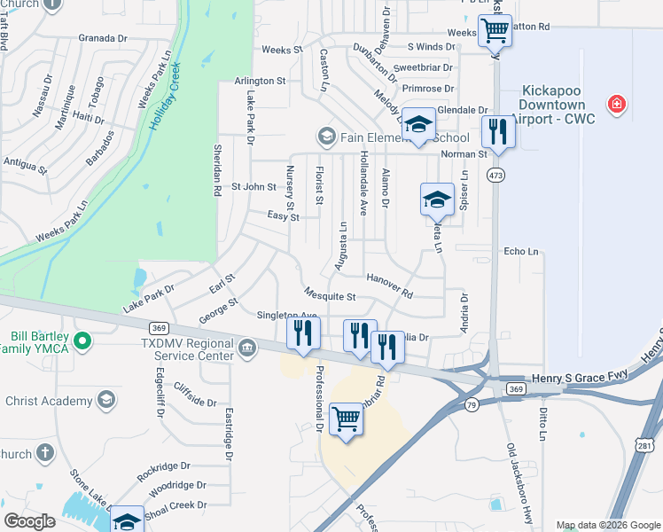 map of restaurants, bars, coffee shops, grocery stores, and more near 1558 Hanover Road in Wichita Falls