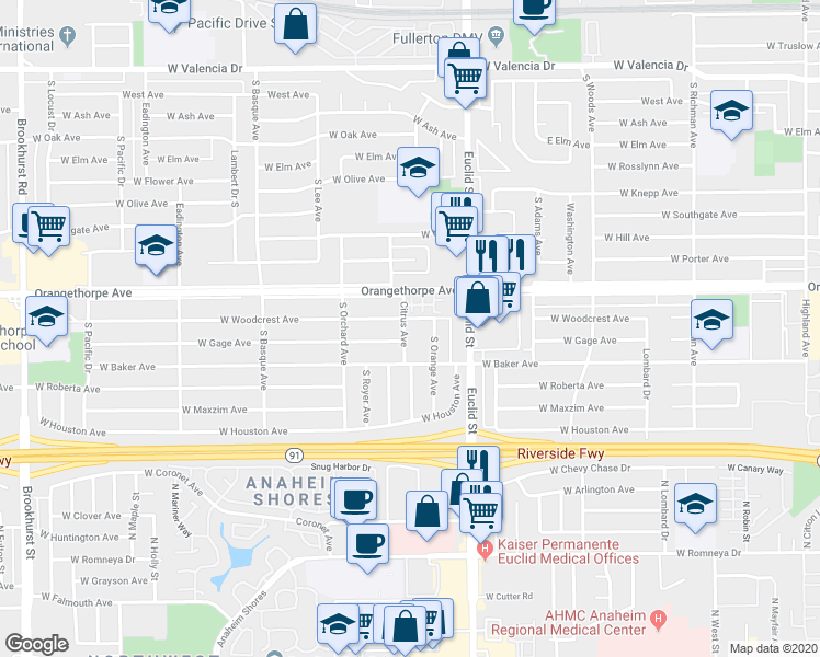 map of restaurants, bars, coffee shops, grocery stores, and more near 1324 Citrus Avenue in Fullerton