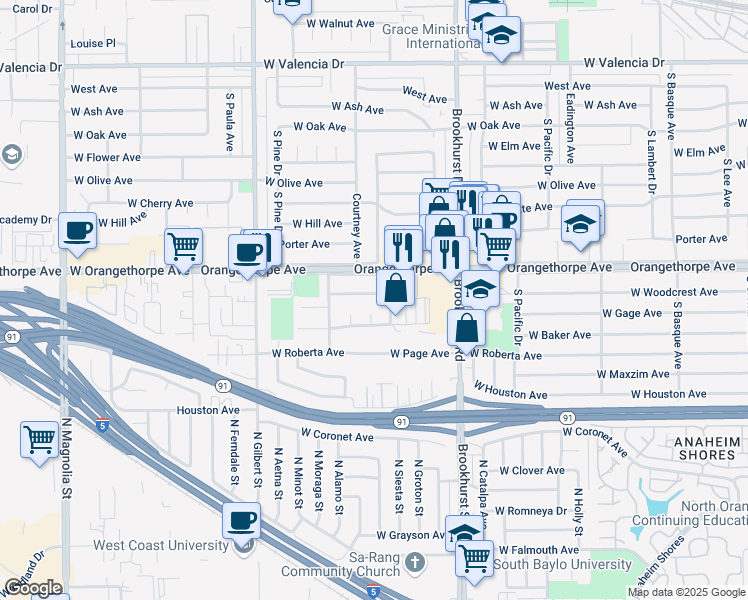 map of restaurants, bars, coffee shops, grocery stores, and more near 1912 West Woodcrest Avenue in Fullerton