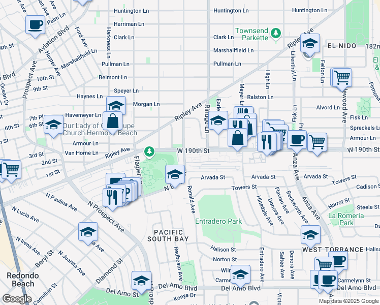 map of restaurants, bars, coffee shops, grocery stores, and more near 5550 West 190th Street in Torrance