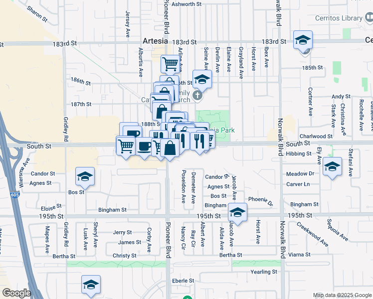 map of restaurants, bars, coffee shops, grocery stores, and more near 11900 South Street in Cerritos