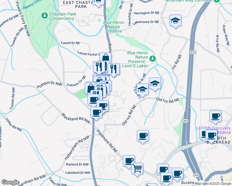map of restaurants, bars, coffee shops, grocery stores, and more near 8 Ivy Gates Northeast in Atlanta