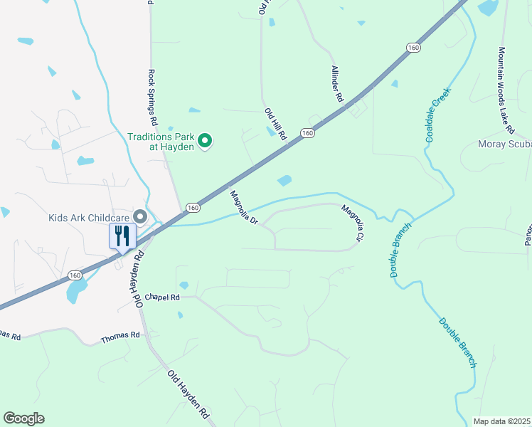 map of restaurants, bars, coffee shops, grocery stores, and more near 35 Magnolia Circle in Warrior