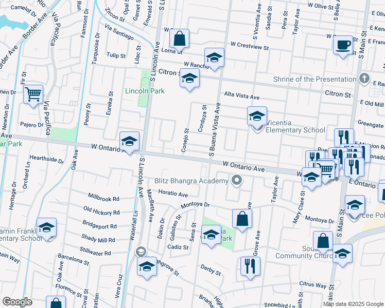 map of restaurants, bars, coffee shops, grocery stores, and more near 961 West Ontario Avenue in Corona