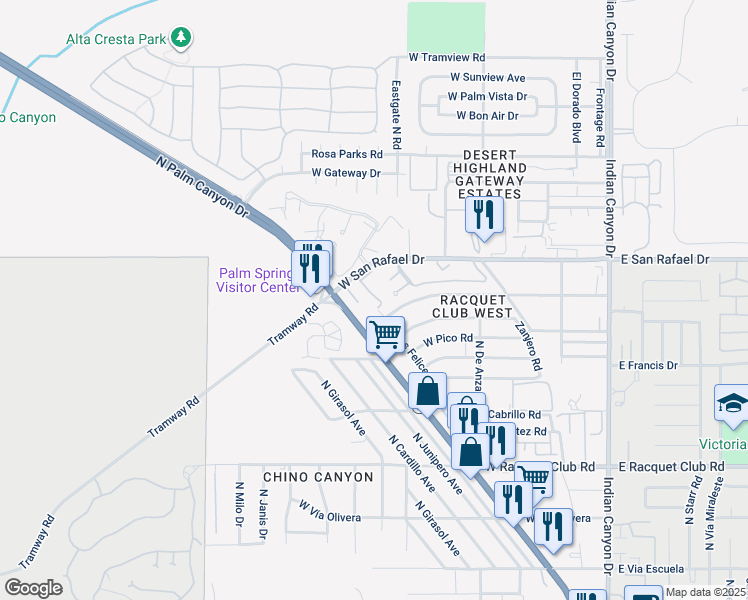 map of restaurants, bars, coffee shops, grocery stores, and more near 2825 North Los Felices Road in Palm Springs
