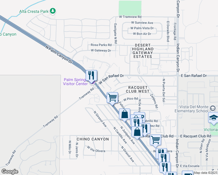 map of restaurants, bars, coffee shops, grocery stores, and more near 2860 North Los Felices Road in Palm Springs