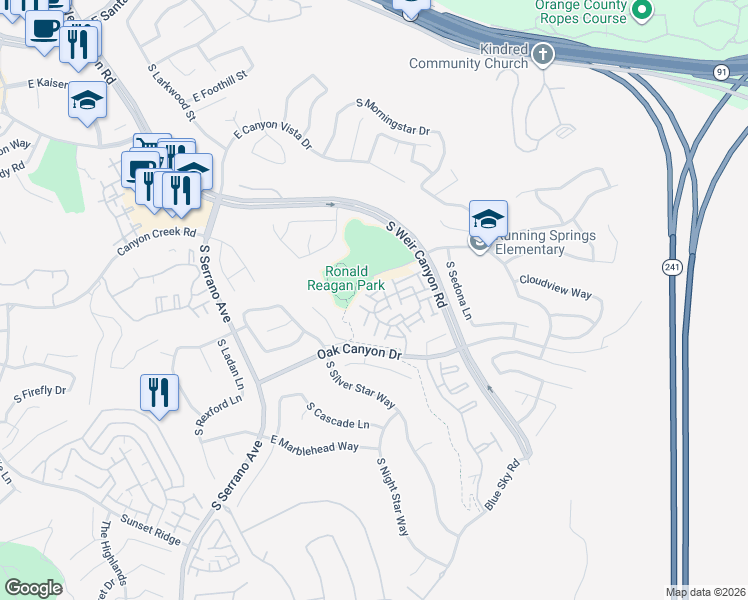map of restaurants, bars, coffee shops, grocery stores, and more near 825 Taos Way in Anaheim
