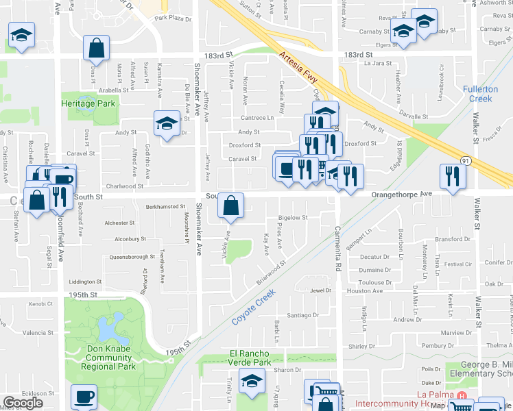 map of restaurants, bars, coffee shops, grocery stores, and more near 19012 Fikse Lane in Cerritos