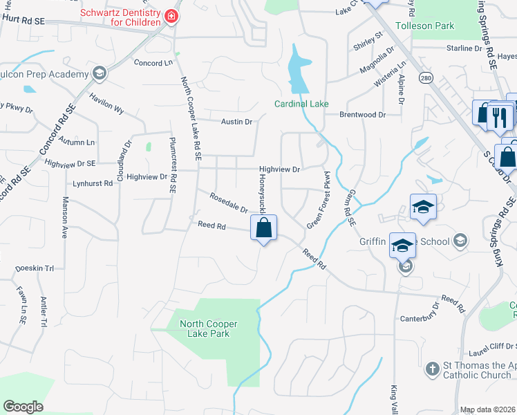 map of restaurants, bars, coffee shops, grocery stores, and more near 725 Rosedale Drive in Smyrna