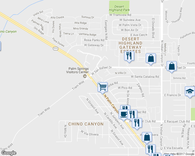 map of restaurants, bars, coffee shops, grocery stores, and more near 2875 North Los Felices Road in Palm Springs