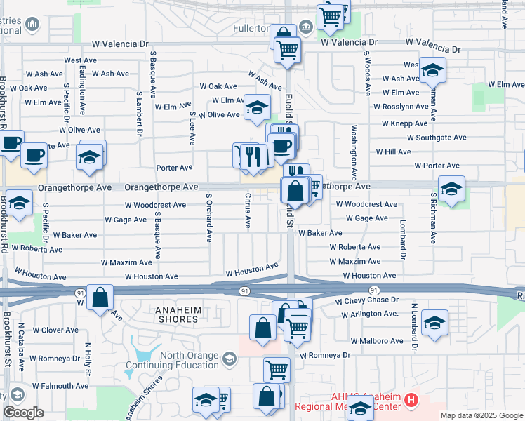 map of restaurants, bars, coffee shops, grocery stores, and more near 1319 South Orange Avenue in Fullerton